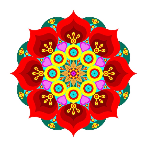 Red mandala art with heart shapes flowers and leaves