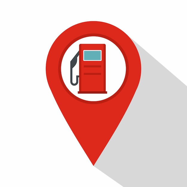 Red map pin with gas station sign icon. Flat illustration of red map pin with gas station sign vector icon for web isolated on white background