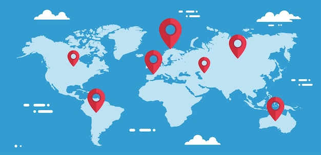 Red map point location pinlocation points on a world map Business and logistics conceptxA