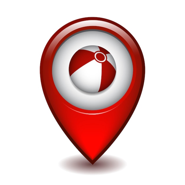Vettore puntatore mappa rosso con pallone da spiaggia. illustrazione vettoriale