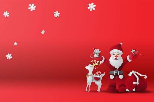 Красный фон с рождеством со сценой, поместите свой текст, рождественский день и счастливого нового года с зимой
