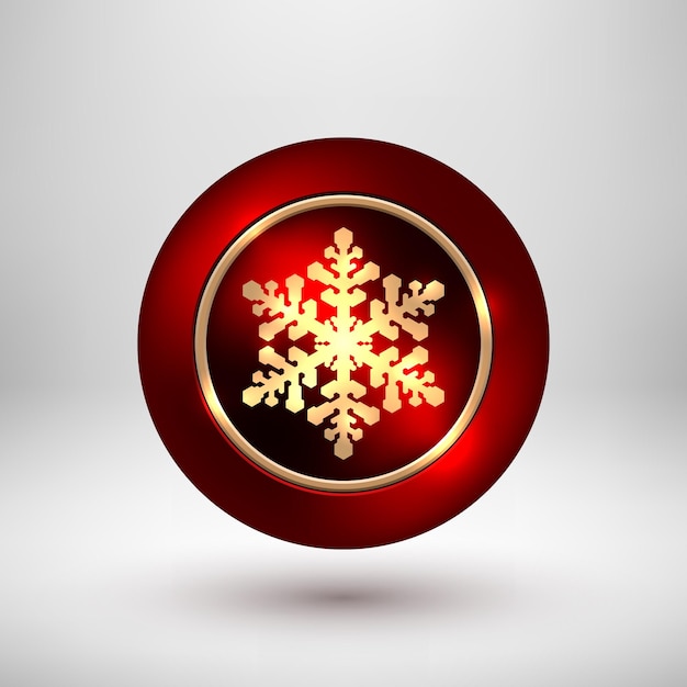 Vector red merry christmas, xmas premium bubble badge, luxury button with metal snowflake and gold ring