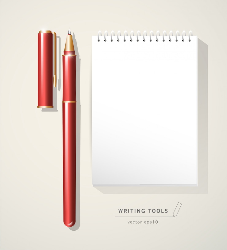 Vector red metal pen tool with cap isolated on white background. text space. writing office tool icon. metal texture.