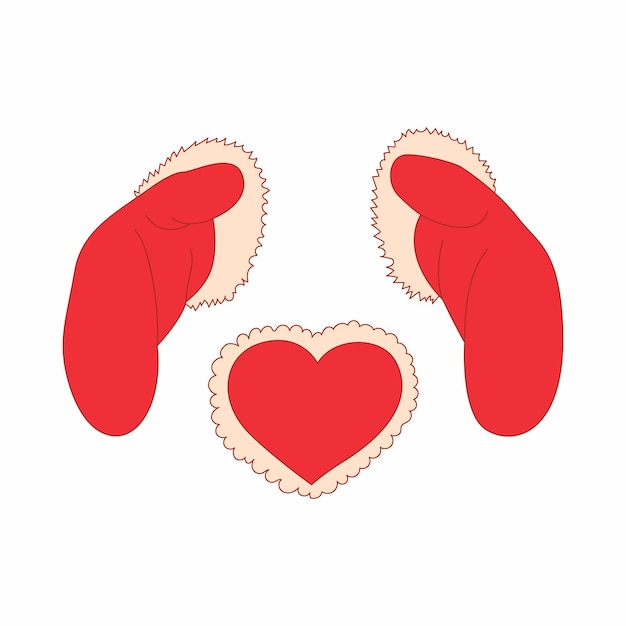 Red mittens and red heart icon in cartoon style on a white background