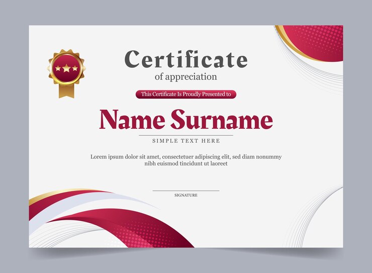 Vector red modern elegant gold certificate template with badge