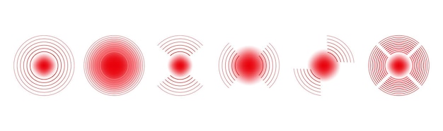 빨간색 모니터 신호 감지 파동 펄스 또는 소음 기호 스피커 사운드 레이더 신호 또는 대상 디지털 소나 벡터 아이콘 빨간색 대상 검색 및 그림 감지의 통증 리플 펄스