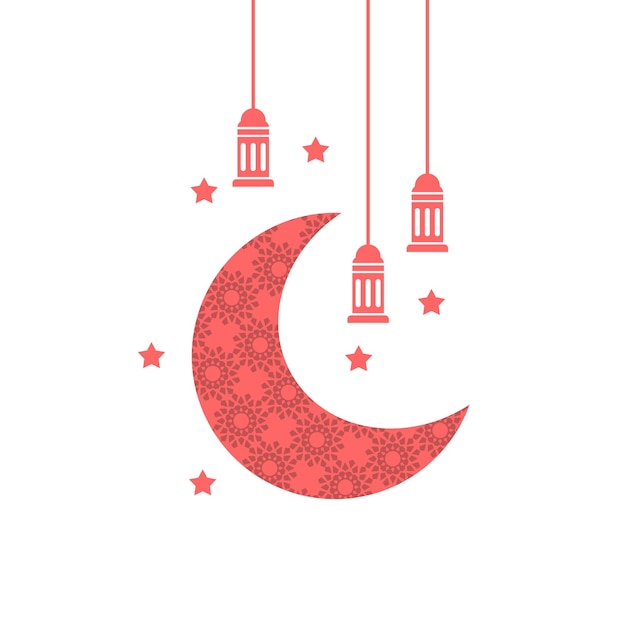 A red moon with stars and the words ramadan.