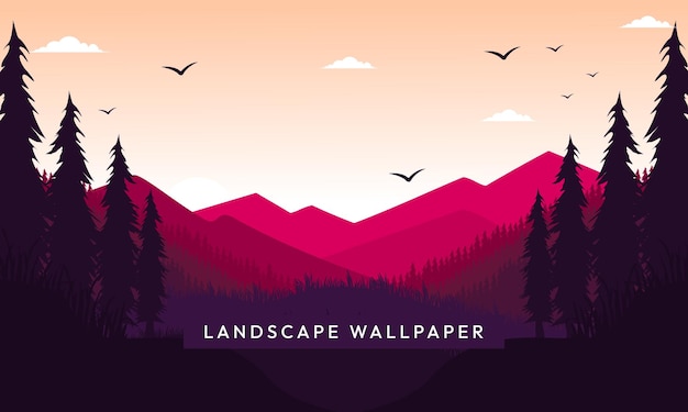 Vector red mountain with flying birds and trees landscape background