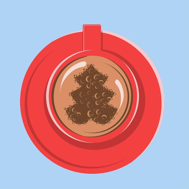 Red mug with coffee and christmas tree