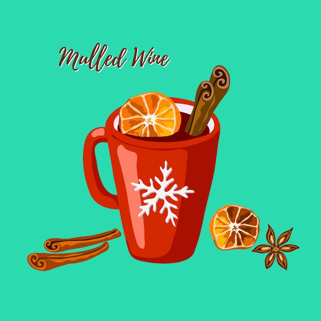 Red mug with mulled wine, cinnamon and anise