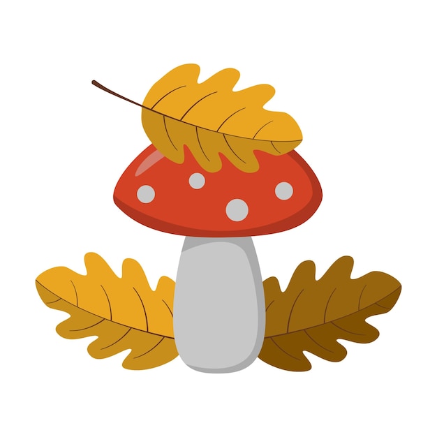 Vector red mushroom (amanita) with leaves in vlet style. vector image.