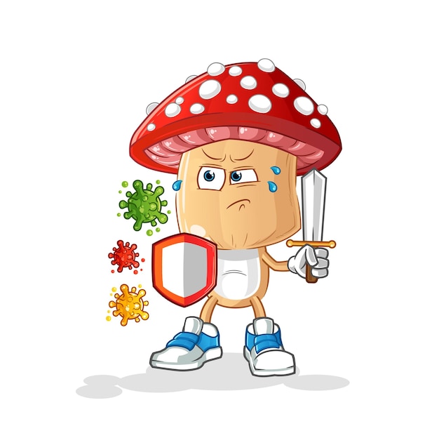 Red mushroom head cartoon against viruses cartoon mascot vector
