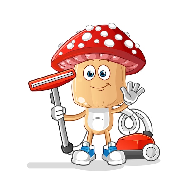 Red mushroom head cartoon clean with a vacuum  character vector