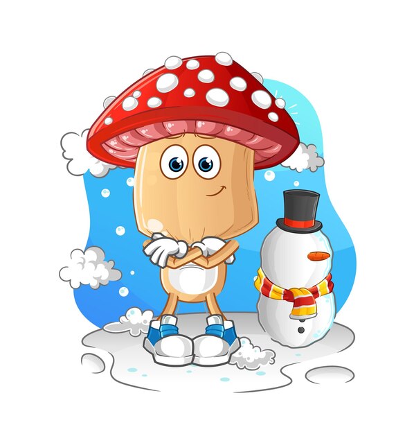 Red mushroom head cartoon in cold winter character cartoon vector