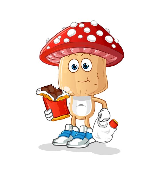 Red mushroom head cartoon eat chocolate mascot cartoon vector