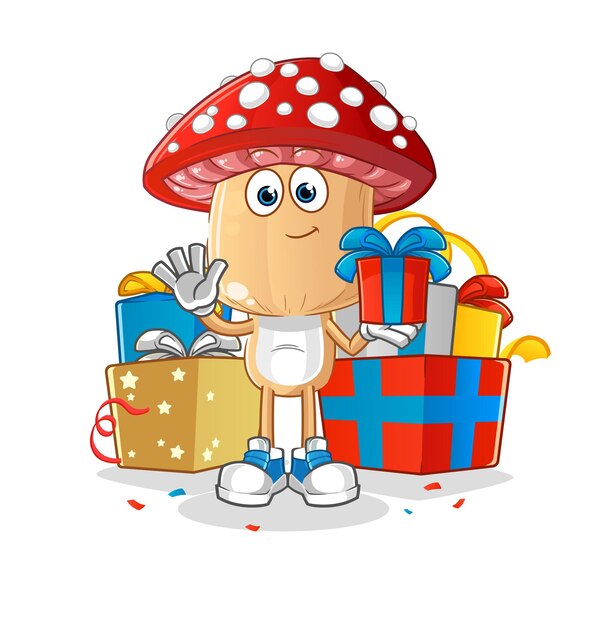 Red mushroom head cartoon give gifts mascot cartoon vector