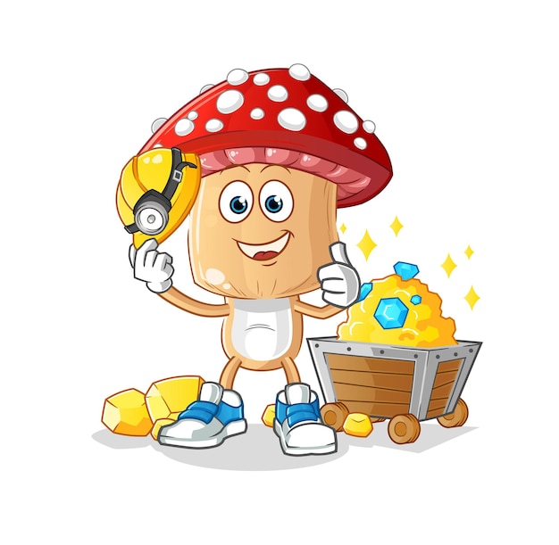 Red mushroom head cartoon miner with gold character. cartoon vector