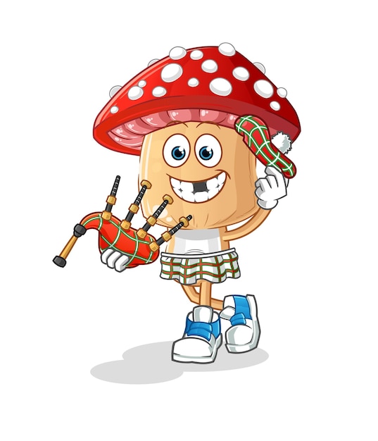 Red mushroom head cartoon scottish with bagpipes vector cartoon character