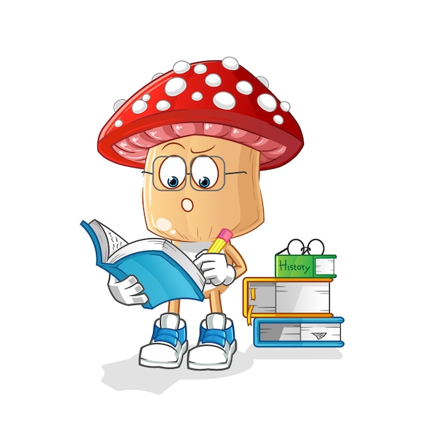 Red mushroom head cartoon studying mascot cartoon vector