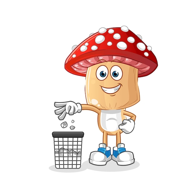 red mushroom head cartoon Throw garbage mascot. cartoon vector