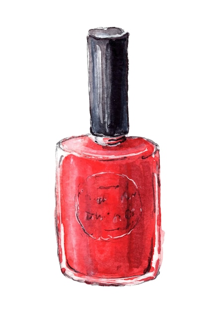 Red nail polish jar watercolor hand drawn cute fashion illustration isolated on white background