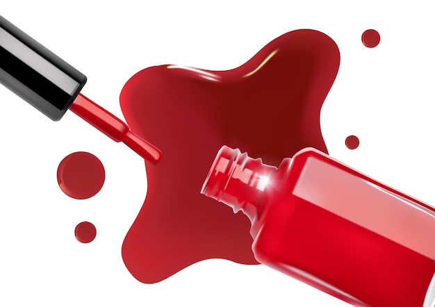 Red nail polish spilled from the bottle with brush on white background top view