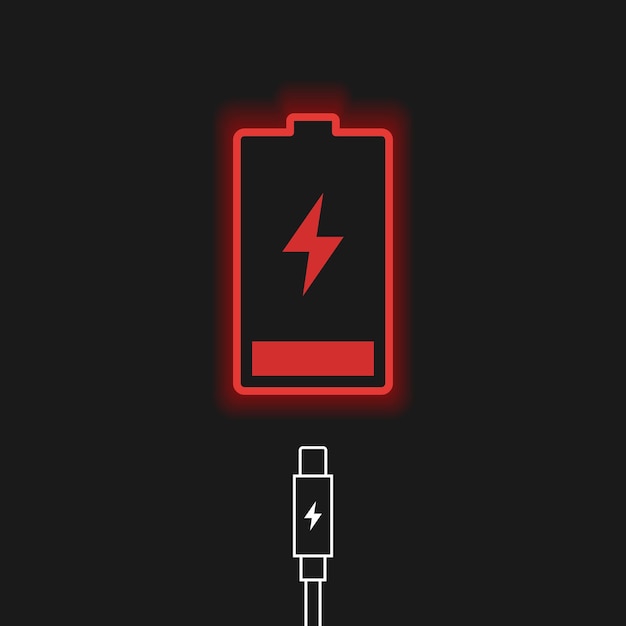 Vettore una batteria al neon rossa con una luce rossa sopra.