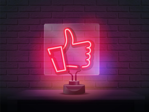 Vector red neon like or thumbs up symbol on brick wall