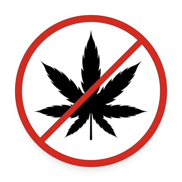 Красный знак "Не курить марихуану" с векторной иллюстрацией листа конопли
