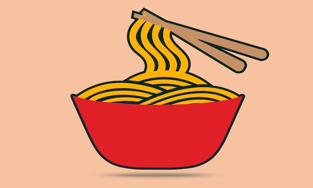 Vettore ciotola di tagliatelle rosse con l'illustrazione del logo della bacchetta, disegno dell'icona di vettore del fumetto della ciotola di noodle dell'alimento asiatico