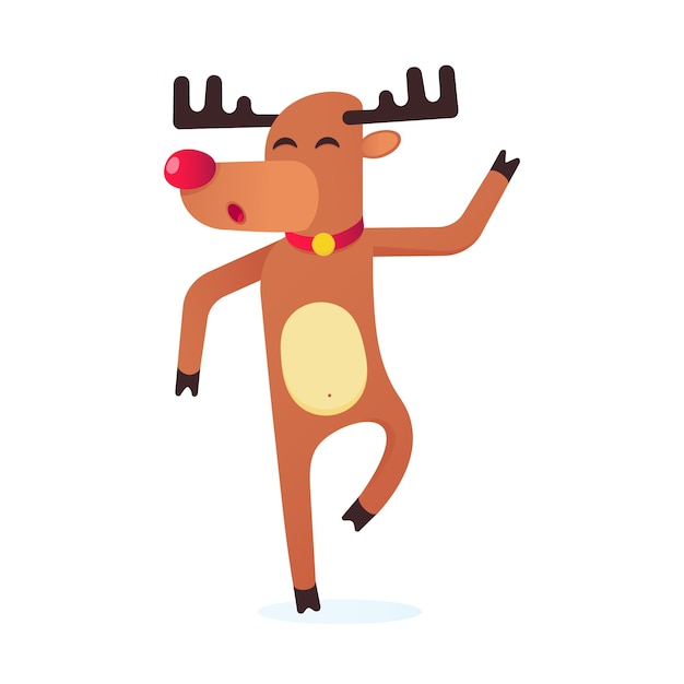 Il naso rosso delle renne natalizie che danzano stile piatto disegno vettoriale illustrazione isolata
