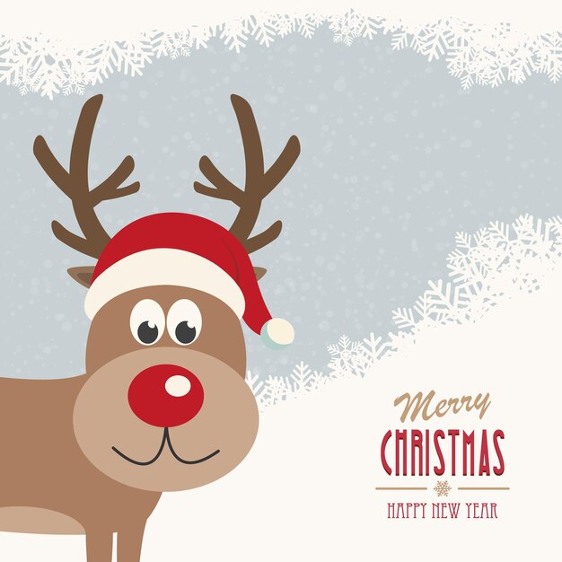 Vector red nose reindeer santa hat snowy winter background