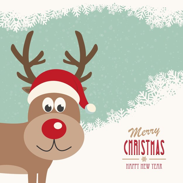 Vector red nose reindeer santa hat snowy winter background