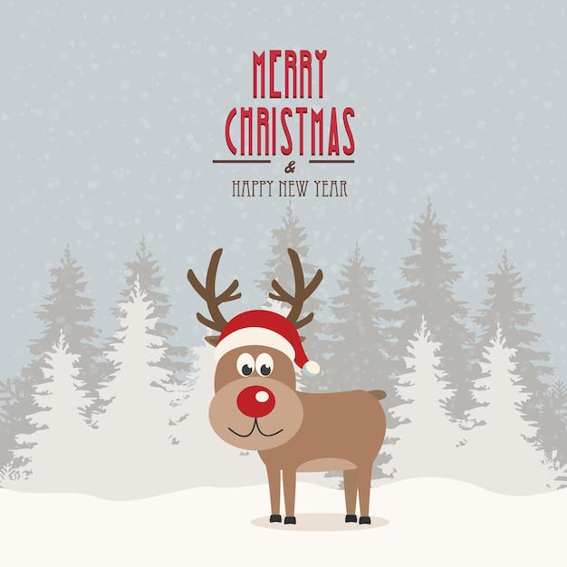 Vector red nose reindeer santa hat snowy winter background