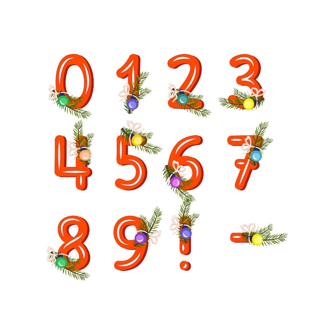 Red numbers with green christmas tree branch ball and bow