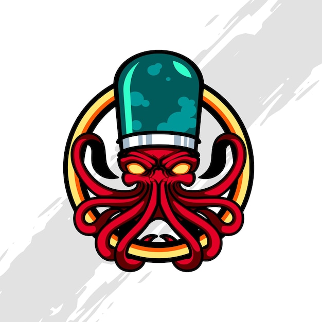 Vector red octopus with a tube head filled with green liquid mascot