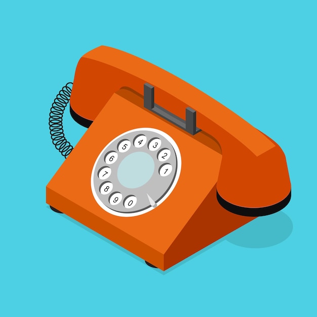 Red old phone isometric view with rotary dial