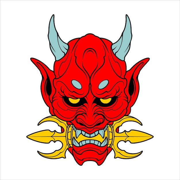 La maschera di oni rossa morde il tridente d'oro