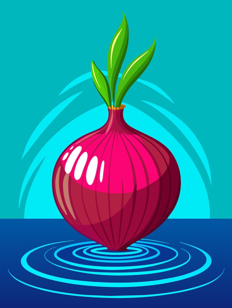 Vector red onion floating on blue water with ripples