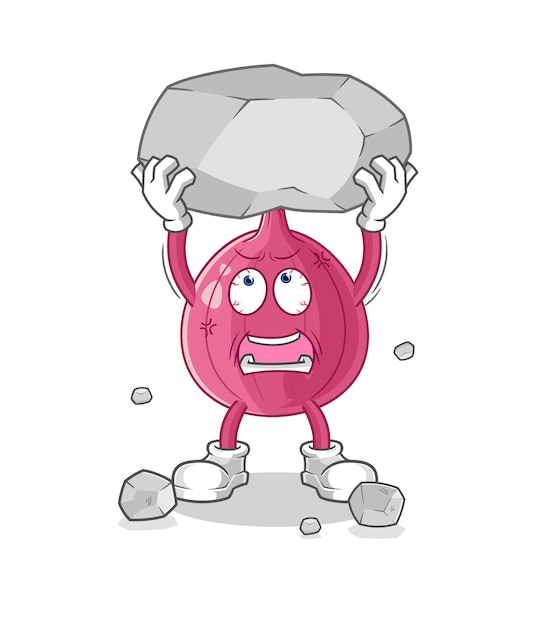 Red onion lifting rock cartoon character vector