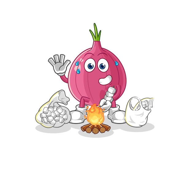 Red onion roasting marshmallows cartoon mascot vector