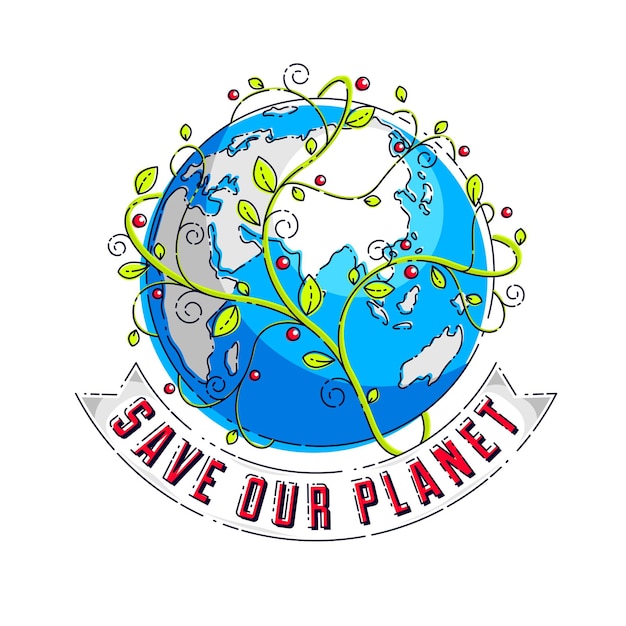 Red onze planeet concept eco-ecologie aarde klimaatveranderinge Aardedag 22 april planeet met lint en typen en bloemige bladeren groen groeivector embleem of illustratie geïsoleerd op wit