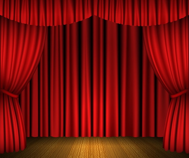 red open curtains and wooden stage