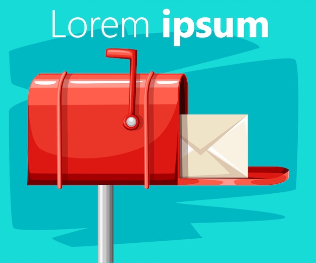 Red open mail box post with mail in the  style  illustration  on turquoise background with place for your text website page and mobile app 