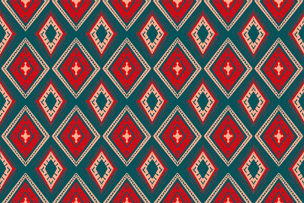 파란색 청록색 기하학적 민족 동양 패턴에 붉은 색과 오렌지색 다이아몬드 배경에 대한 전통적인 디자인카펫벽지옷포장바틱패브릭 벡터 일러스트 자수 스타일