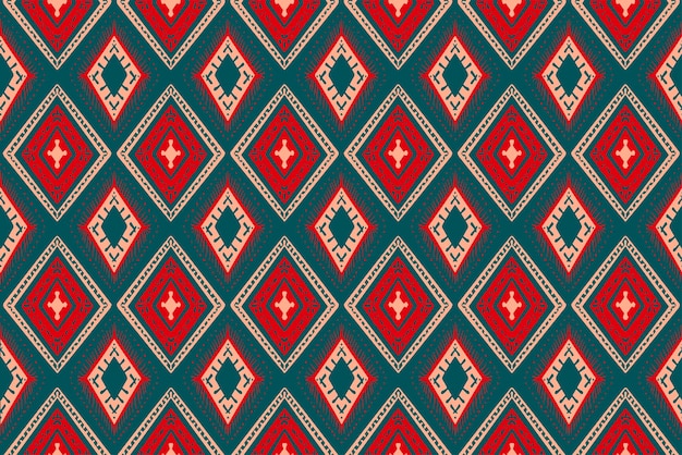 Vettore diamante rosso e arancione sul modello orientale etnico geometrico blu teal design tradizionale per backgroundcarpetwallpaperclothingwrappingbatikfabric illustrazione vettoriale stile ricamo