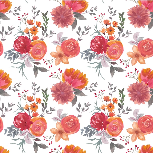 Vector red orange pretty floral watercolor samless pattren