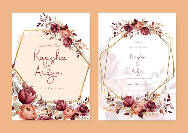 Vector red and orange rose and dahlia set of wedding invitation template with shapes and flower floral border