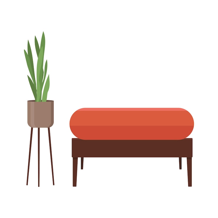 Vector red ottoman with brown legs and flowerpot on legs with a flower