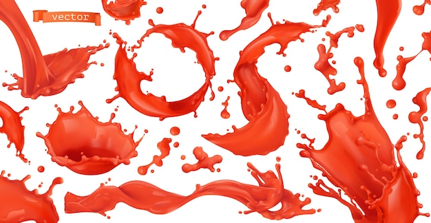 Spruzzata di vernice rossa. pomodoro, fragole. vettore realistico 3d. insieme di oggetti vettoriali realistici 3d